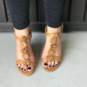 Floral T Strap Leather Open Toe Wedge Sandal